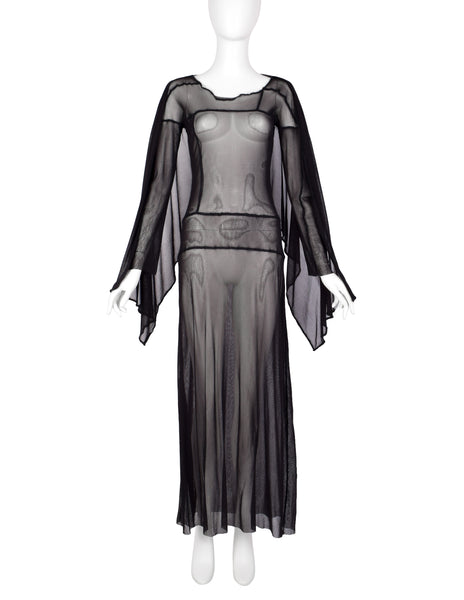 Jean Paul Gaultier Vintage AW 2000 Black Sheer Pieced Panel Mesh Dress with Attached Scarf
