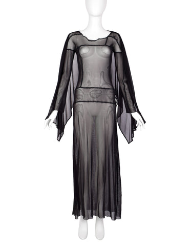 Jean Paul Gaultier Vintage AW 2000 Black Sheer Pieced Panel Mesh Dress with Attached Scarf