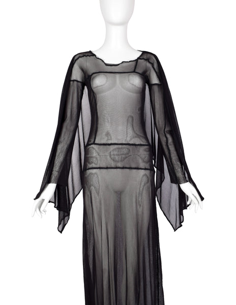 Jean Paul Gaultier Vintage AW 2000 Black Sheer Pieced Panel Mesh Dress with Attached Scarf