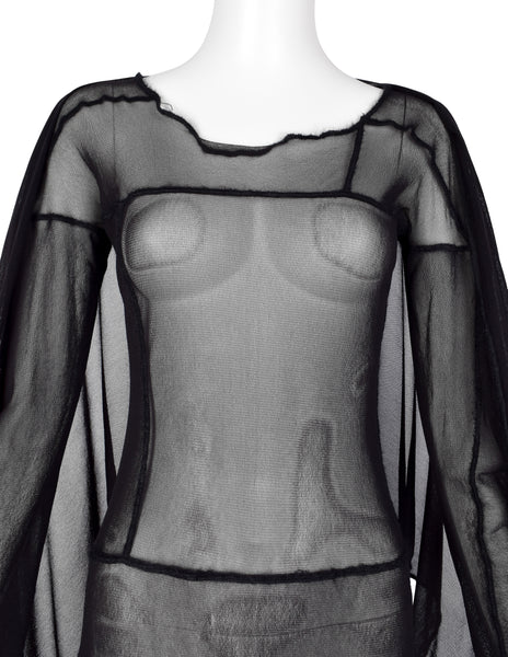 Jean Paul Gaultier Vintage AW 2000 Black Sheer Pieced Panel Mesh Dress with Attached Scarf
