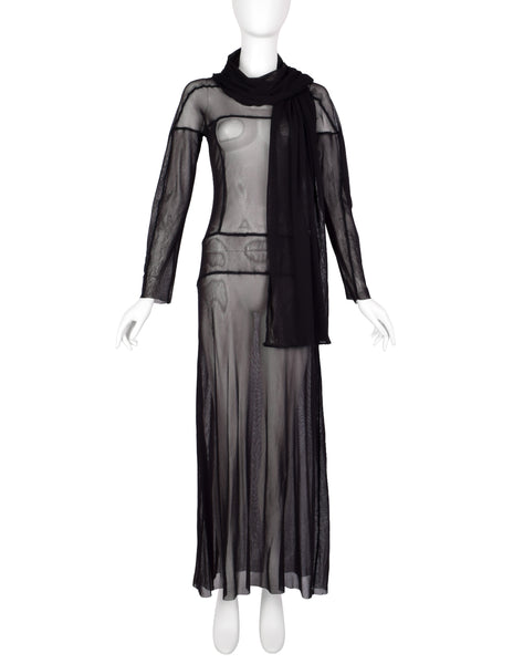 Jean Paul Gaultier Vintage AW 2000 Black Sheer Pieced Panel Mesh Dress with Attached Scarf