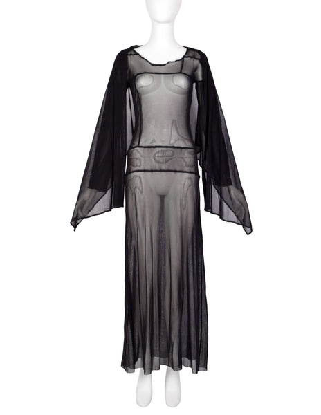 Jean Paul Gaultier Vintage AW 2000 Black Sheer Pieced Panel Mesh Dress with Attached Scarf