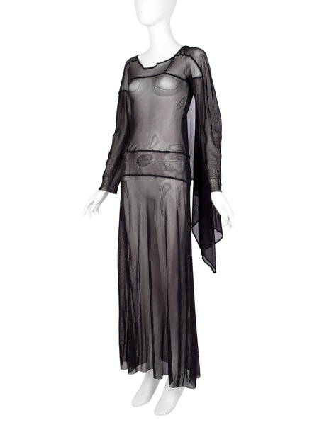 Jean Paul Gaultier Vintage AW 2000 Black Sheer Pieced Panel Mesh Dress with Attached Scarf