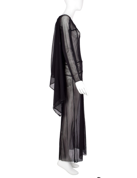 Jean Paul Gaultier Vintage AW 2000 Black Sheer Pieced Panel Mesh Dress with Attached Scarf