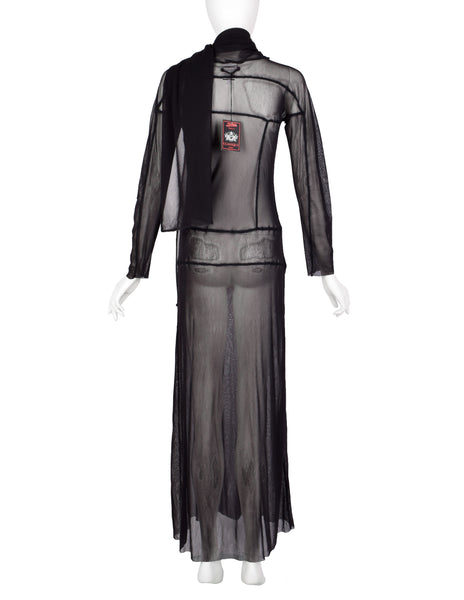 Jean Paul Gaultier Vintage AW 2000 Black Sheer Pieced Panel Mesh Dress with Attached Scarf