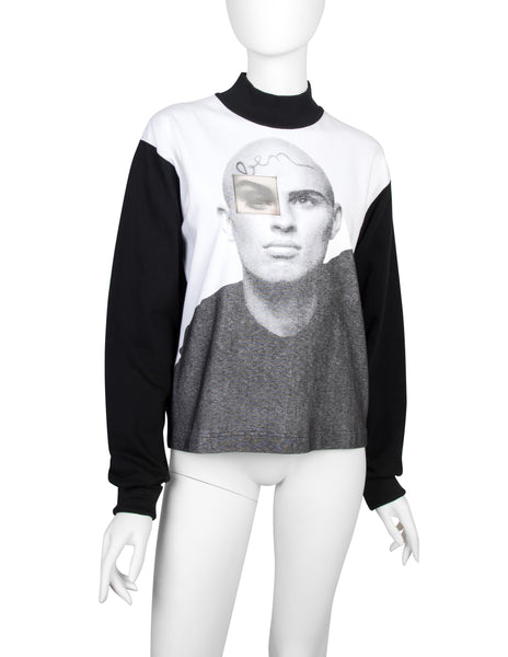 Jean Paul Gaultier Vintage AW 1992 Blinking Eye Hologram Face Print Black Long Sleeve Shirt