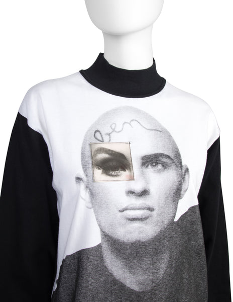Jean Paul Gaultier Vintage AW 1992 Blinking Eye Hologram Face Print Black Long Sleeve Shirt