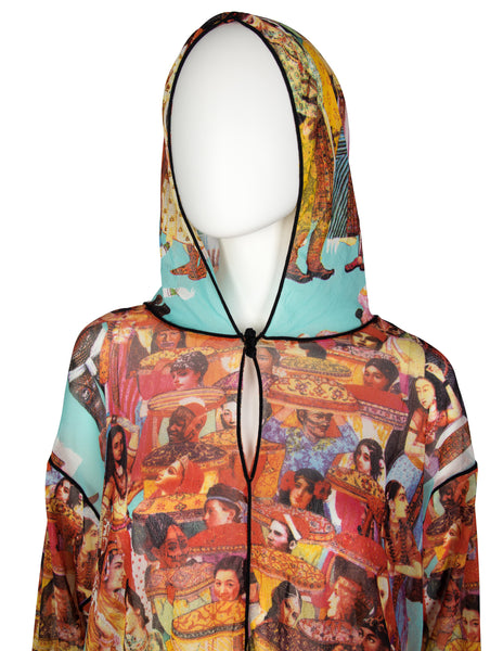 Jean Paul Gaultier Vintage SS 2003 Oversized Colorful Bollywood Print Hooded Mesh Top