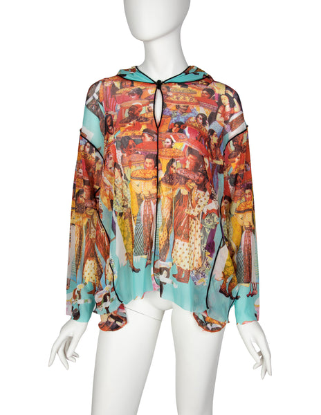 Jean Paul Gaultier Vintage SS 2003 Oversized Colorful Bollywood Print Hooded Mesh Top
