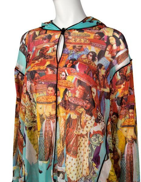 Jean Paul Gaultier Vintage SS 2003 Oversized Colorful Bollywood Print Hooded Mesh Top