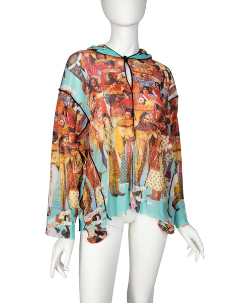 Jean Paul Gaultier Vintage SS 2003 Oversized Colorful Bollywood Print Hooded Mesh Top