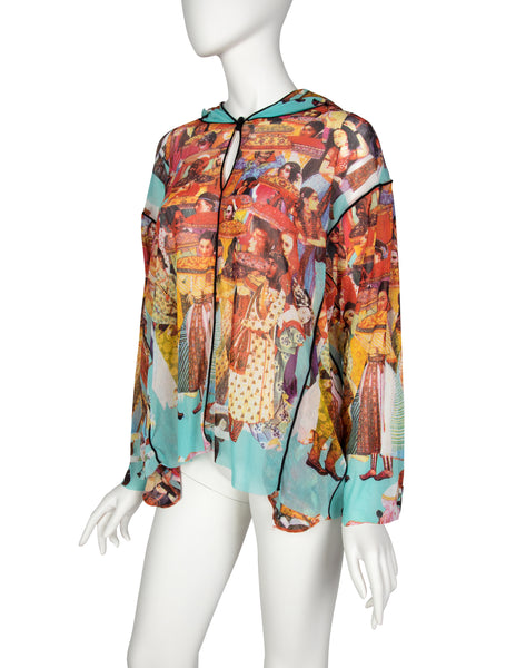 Jean Paul Gaultier Vintage SS 2003 Oversized Colorful Bollywood Print Hooded Mesh Top