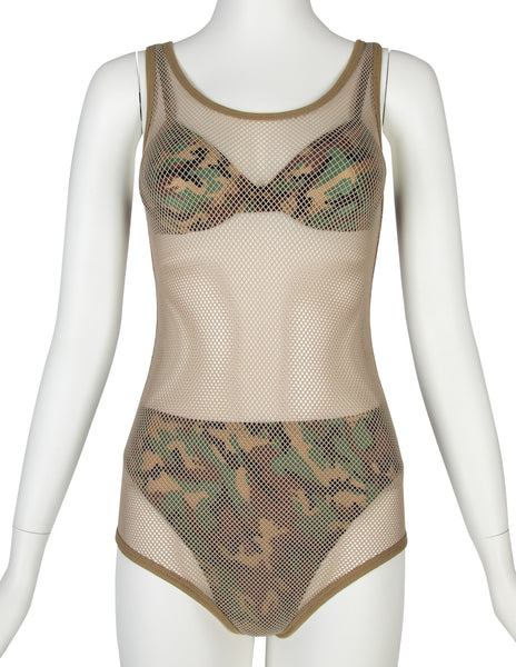 Jean Paul Gaultier Vintage SS 1999 Camo Bikini with Fishnet One Piece Overlay
