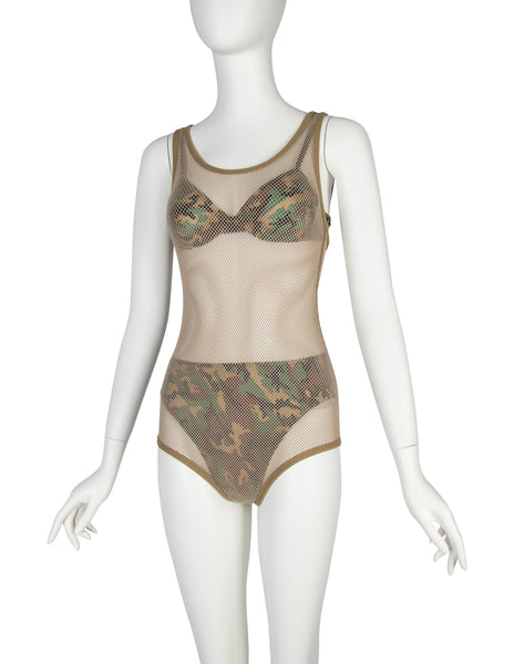 Jean Paul Gaultier Vintage SS 1999 Camo Bikini with Fishnet One Piece Overlay