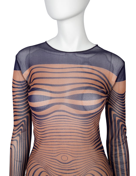 Jean Paul Gaultier Vintage SS 1996 Iconic Original  Cyber Baba Navy Beige Sheer Mesh Top