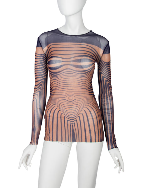 Jean Paul Gaultier Vintage SS 1996 Iconic Original  Cyber Baba Navy Beige Sheer Mesh Top