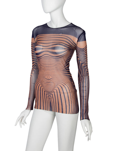 Jean Paul Gaultier Vintage SS 1996 Iconic Original  Cyber Baba Navy Beige Sheer Mesh Top