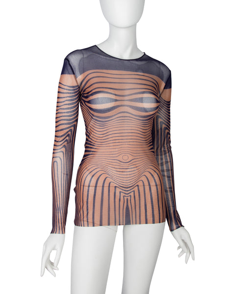 Jean Paul Gaultier Vintage SS 1996 Iconic Original  Cyber Baba Navy Beige Sheer Mesh Top