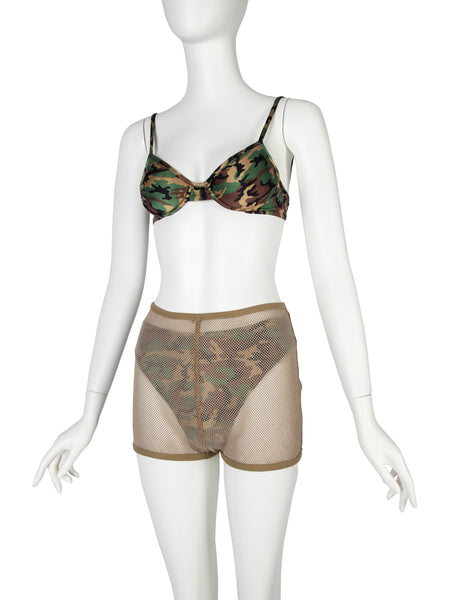 Jean Paul Gaultier Vintage SS 1999 Camo Bikini with Fishnet Short Overlay