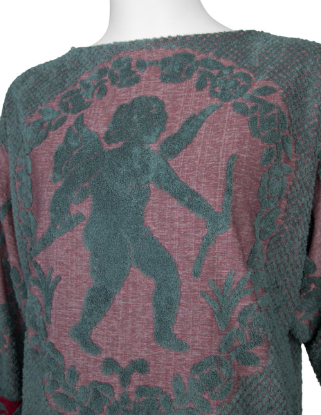 Jean Paul Gaultier Vintage AW 1986 Teal and Red Cherub Terrycloth Fringe Sweater