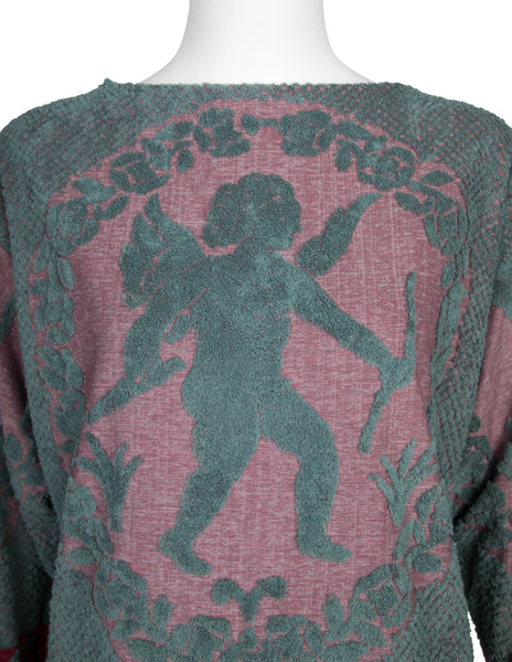 Jean Paul Gaultier Vintage AW 1986 Teal and Red Cherub Terrycloth Fringe Sweater