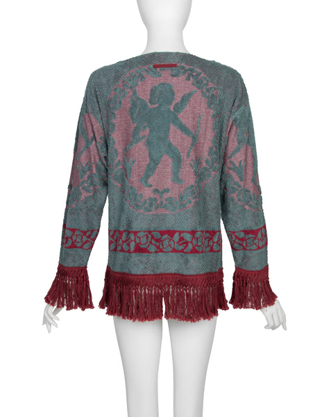 Jean Paul Gaultier Vintage AW 1986 Teal and Red Cherub Terrycloth Fringe Sweater