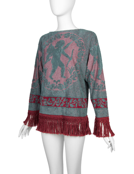 Jean Paul Gaultier Vintage AW 1986 Teal and Red Cherub Terrycloth Fringe Sweater