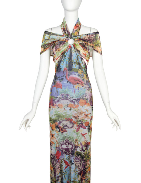 Jean Paul Gaultier Vintage SS 1999 Iconic Pastel Botanical Flamingo Print Mesh Gown