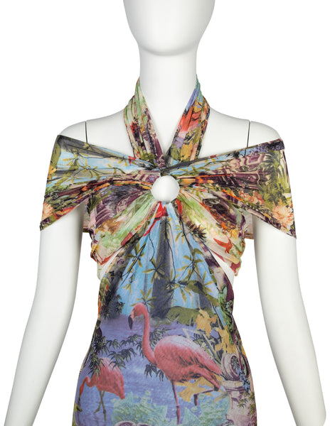 Jean Paul Gaultier Vintage SS 1999 Iconic Pastel Botanical Flamingo Print Mesh Gown