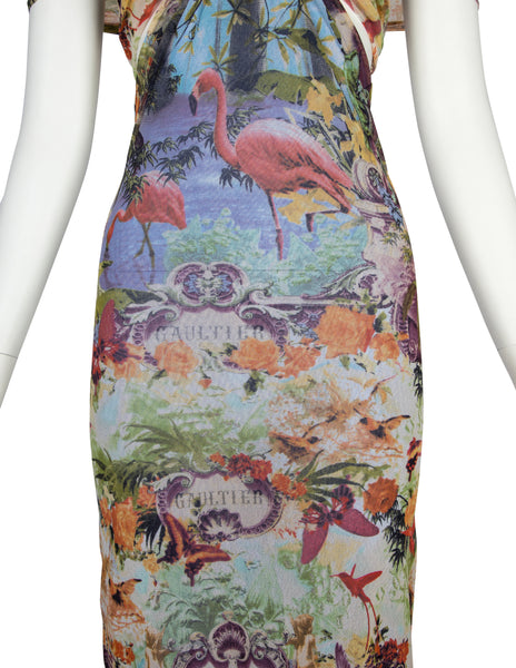 Jean Paul Gaultier Vintage SS 1999 Iconic Pastel Botanical Flamingo Print Mesh Gown