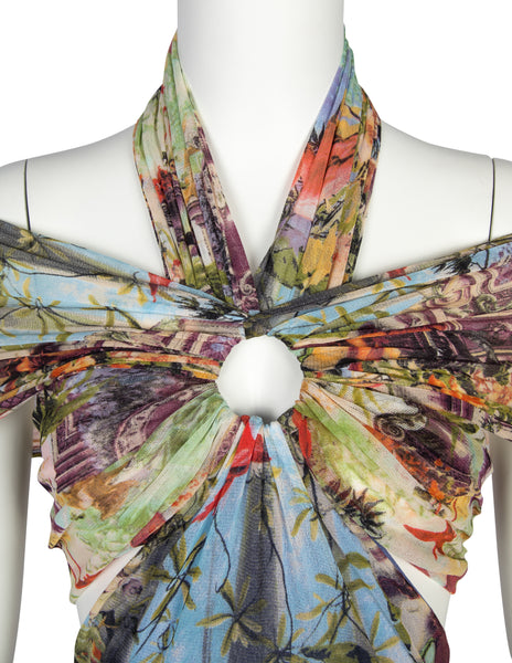 Jean Paul Gaultier Vintage SS 1999 Iconic Pastel Botanical Flamingo Print Mesh Gown