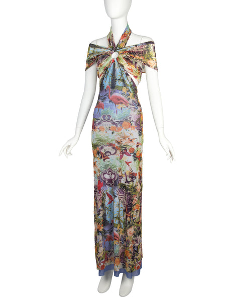 Jean Paul Gaultier Vintage SS 1999 Iconic Pastel Botanical Flamingo Print Mesh Gown