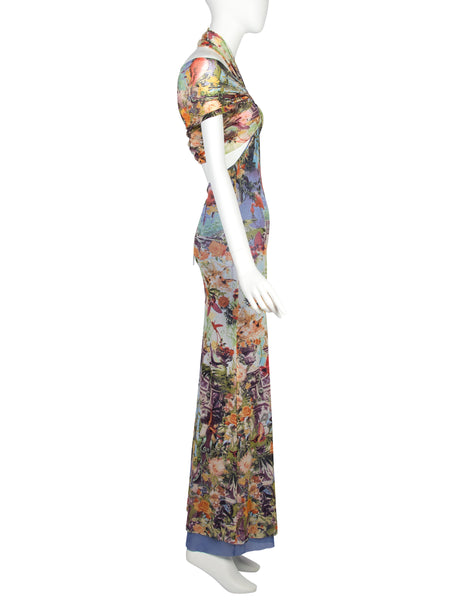 Jean Paul Gaultier Vintage SS 1999 Iconic Pastel Botanical Flamingo Print Mesh Gown