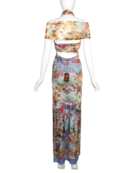 Jean Paul Gaultier Vintage SS 1999 Iconic Pastel Botanical Flamingo Print Mesh Gown