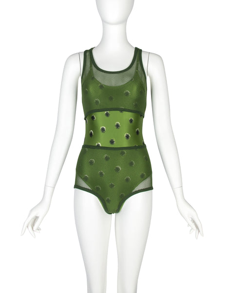 Jean Paul Gaultier Vintage SS 1999 Green Polka Dot Swimsuit with Fishnet Overlay