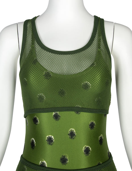 Jean Paul Gaultier Vintage SS 1999 Green Polka Dot Swimsuit with Fishnet Overlay