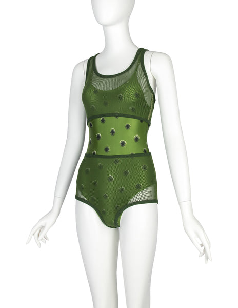 Jean Paul Gaultier Vintage SS 1999 Green Polka Dot Swimsuit with Fishnet Overlay