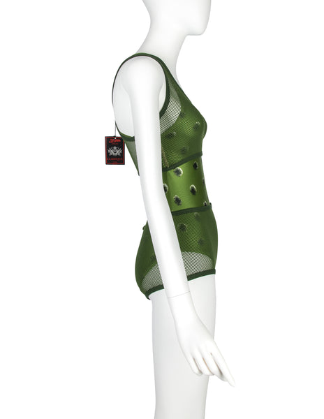 Jean Paul Gaultier Vintage SS 1999 Green Polka Dot Swimsuit with Fishnet Overlay