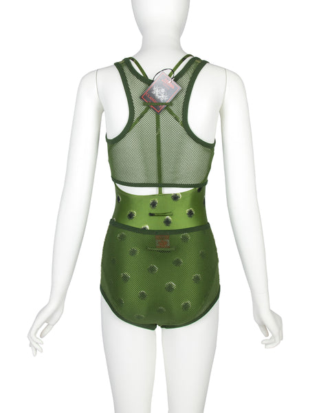 Jean Paul Gaultier Vintage SS 1999 Green Polka Dot Swimsuit with Fishnet Overlay