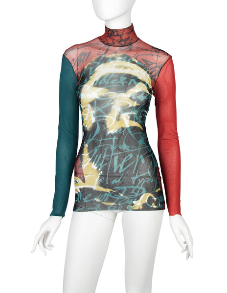 Jean Paul Gaultier Vintage AW 1997 Graphic Face Typography Sheer Mesh Top