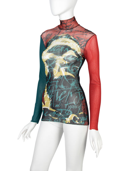 Jean Paul Gaultier Vintage AW 1997 Graphic Face Typography Sheer Mesh Top