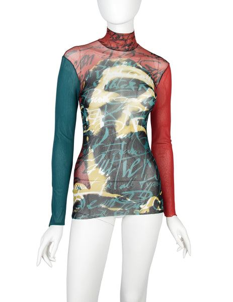 Jean Paul Gaultier Vintage AW 1997 Graphic Face Typography Sheer Mesh Top
