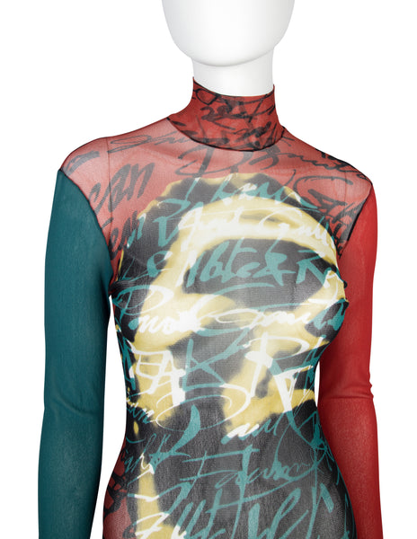 Jean Paul Gaultier Vintage AW 1997 Graphic Face Typography Sheer Mesh Top