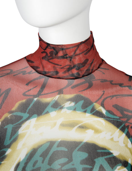 Jean Paul Gaultier Vintage AW 1997 Graphic Face Typography Sheer Mesh Top