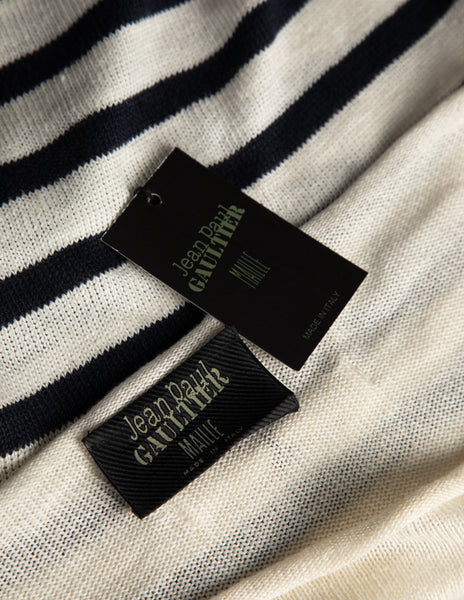 Jean Paul Gaultier Vintage SS 1999 Ivory and Black Striped Knit Linen Ultra Wide Cropped Sweater
