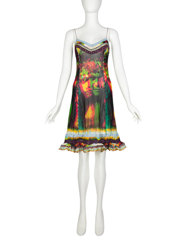Jean Paul Gaultier Vintage SS 2000 'Love Boat' Collection Colorful Tahitian Face Print Sheer Mini Dress
