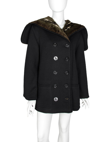 Jean Paul Gaultier Vintage AW 1988 Mens Black Knit and Green Faux Fur Reversible Hooded Peacoat