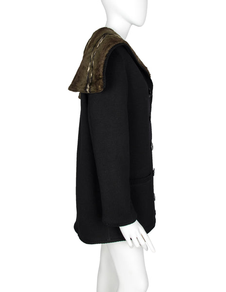 Jean Paul Gaultier Vintage AW 1988 Mens Black Knit and Green Faux Fur Reversible Hooded Peacoat