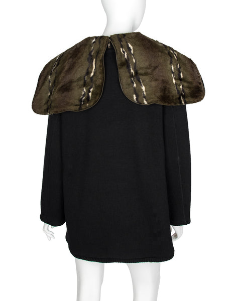 Jean Paul Gaultier Vintage AW 1988 Mens Black Knit and Green Faux Fur Reversible Hooded Peacoat