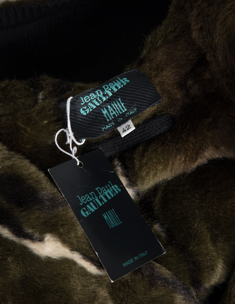 Jean Paul Gaultier Vintage AW 1988 Mens Black Knit and Green Faux Fur Reversible Hooded Peacoat